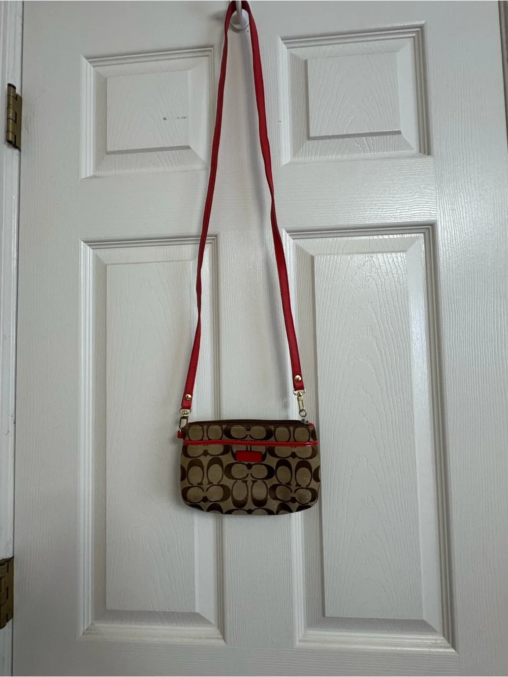 Coach Signature Jacquard Crossbody Bag with Orange Strap